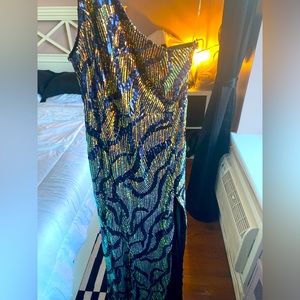 Navy Blue and Gold Sequin Evening Dress